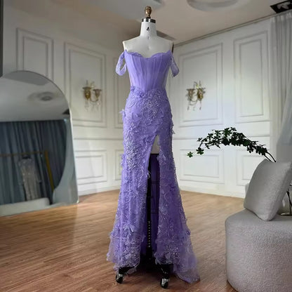 “Amethyst Bloom” Off-Shoulder Embellished Evening Gown with Side Slit