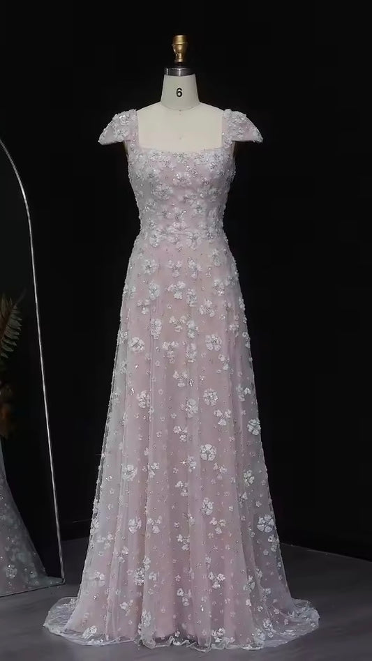 “Rose Dew” Gown – Soft Pink with 3D Floral Embroidery