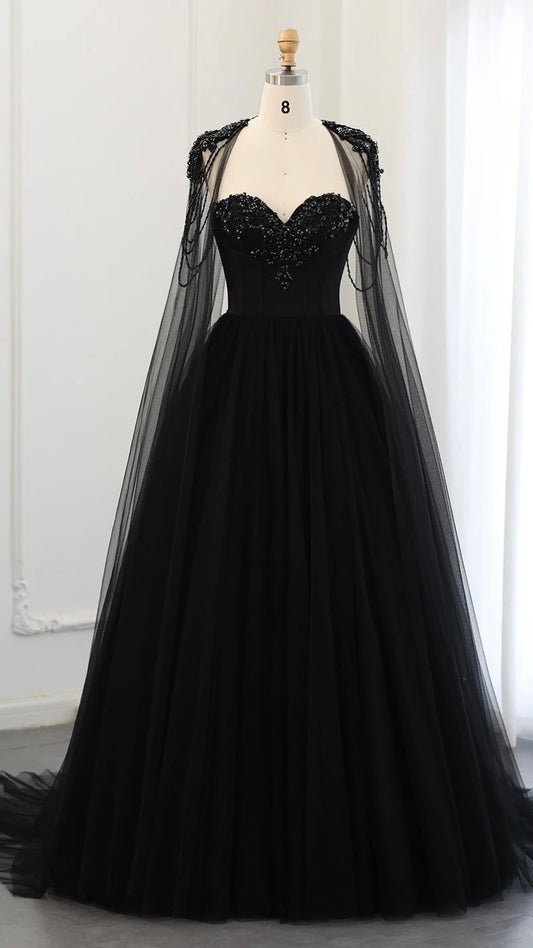 Gothic Tulle Evening Dress with Cape Sleeves Elegant