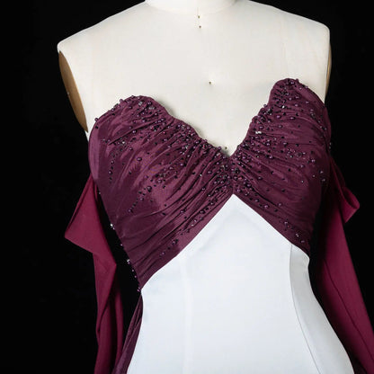 Elegant Contrast Evening Dress with Ruched Beaded Bodice and Statement Train