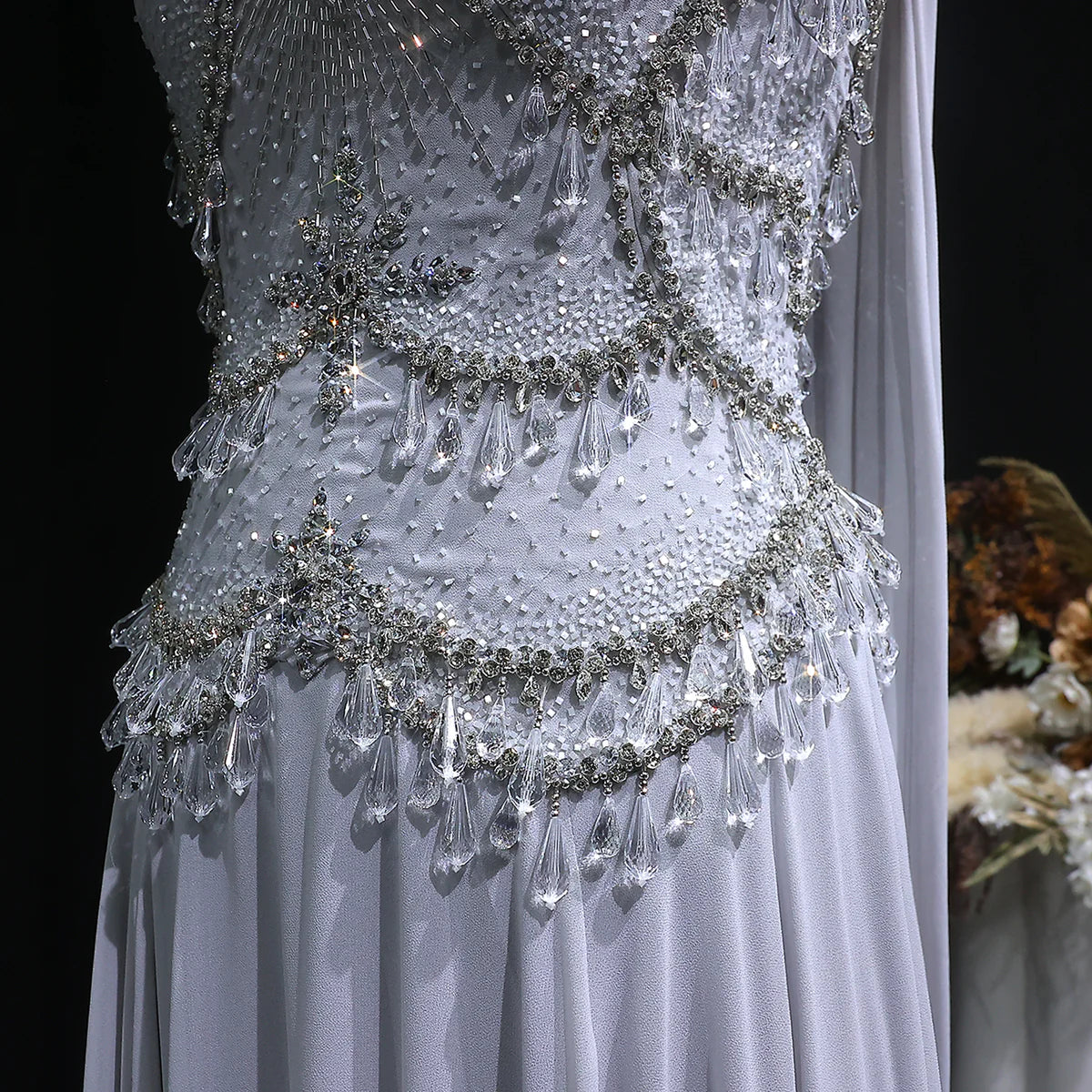 Dusty Rose Pleated Chiffon Gown with Chandelier Beading