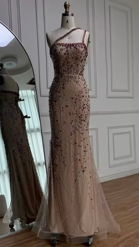 “Cherry Sparkle” Gown Red Crystal Beaded One-Shoulder Design