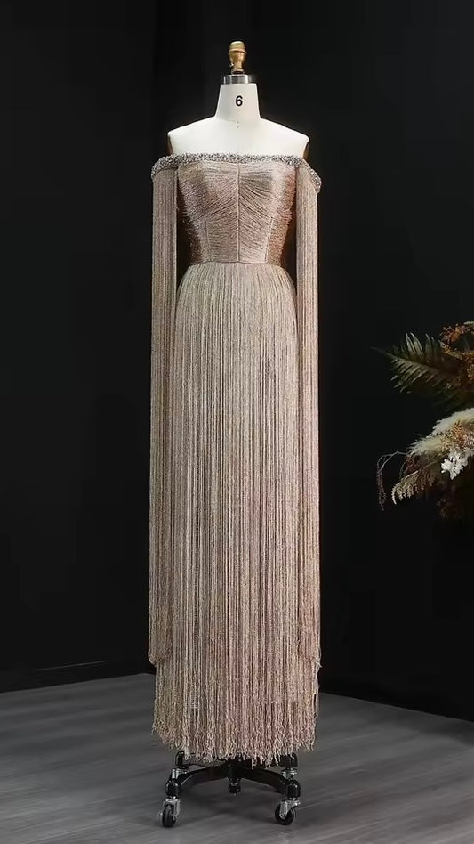 Champagne Gold Beaded Fringe Glamour Dress