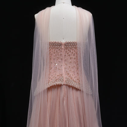 Luxury Dusty Pink Pearl Beaded A-Line Evening Dress With Scarf