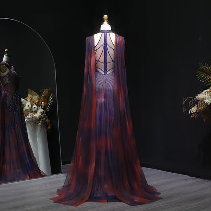 “Sunset Glow” Gown Hand Embroidered Luxury Dress in Violet & Fire Tones with Flowing Cape