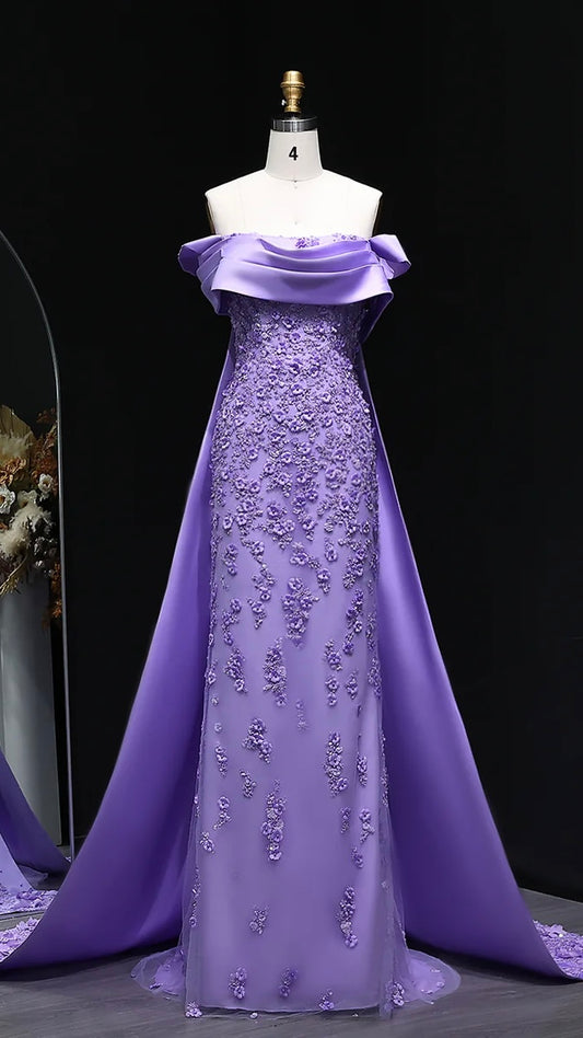 “Lilac Dawn” Gown – Royal Cut with 3D Embroidery & Luxe Train