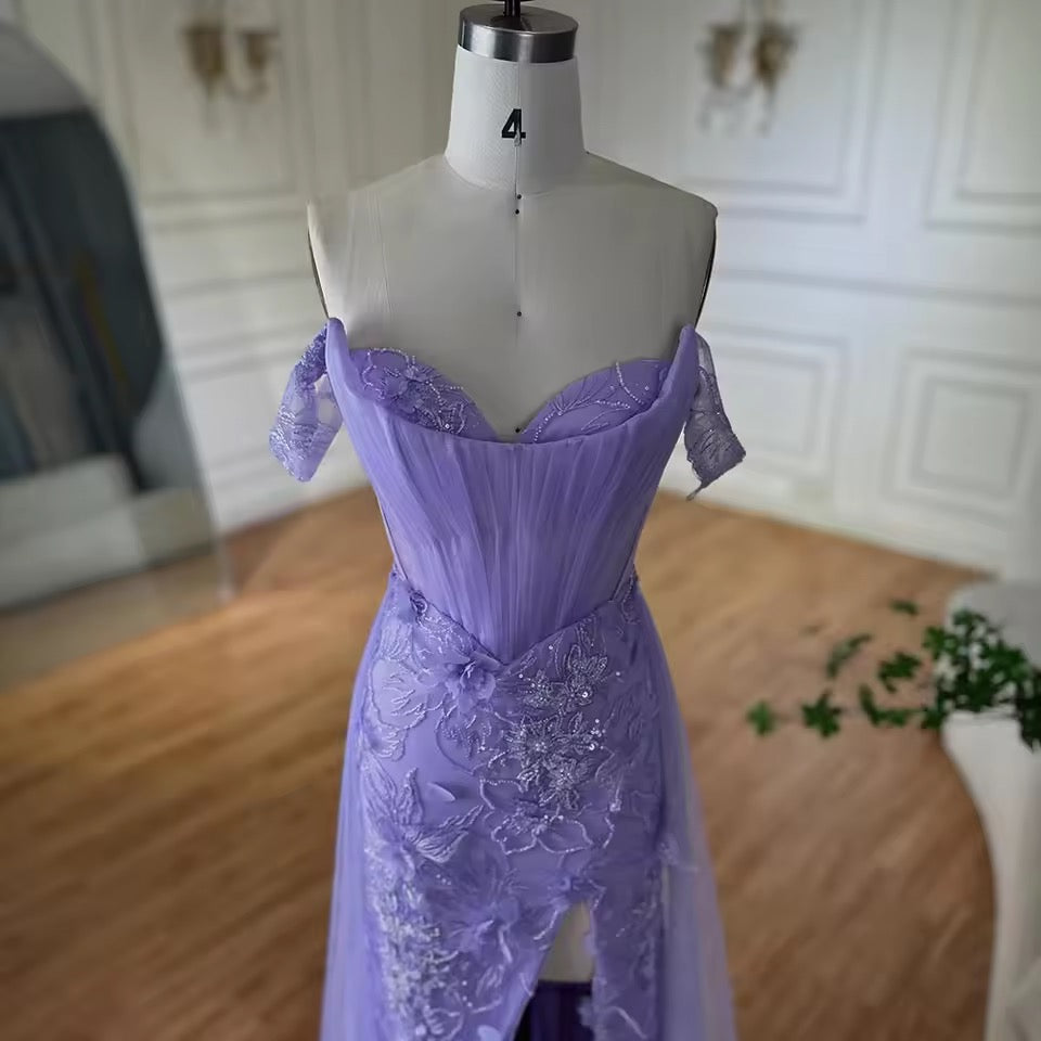 “Amethyst Bloom” Off-Shoulder Embellished Evening Gown with Side Slit