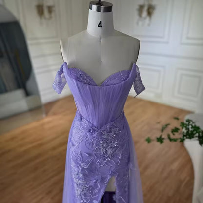 “Amethyst Bloom” Off-Shoulder Embellished Evening Gown with Side Slit