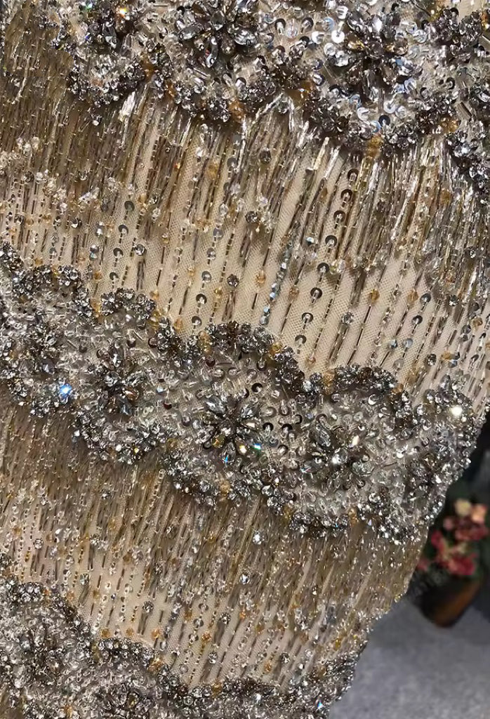 Tiered Crystal-Fringed Champagne Couture Gown