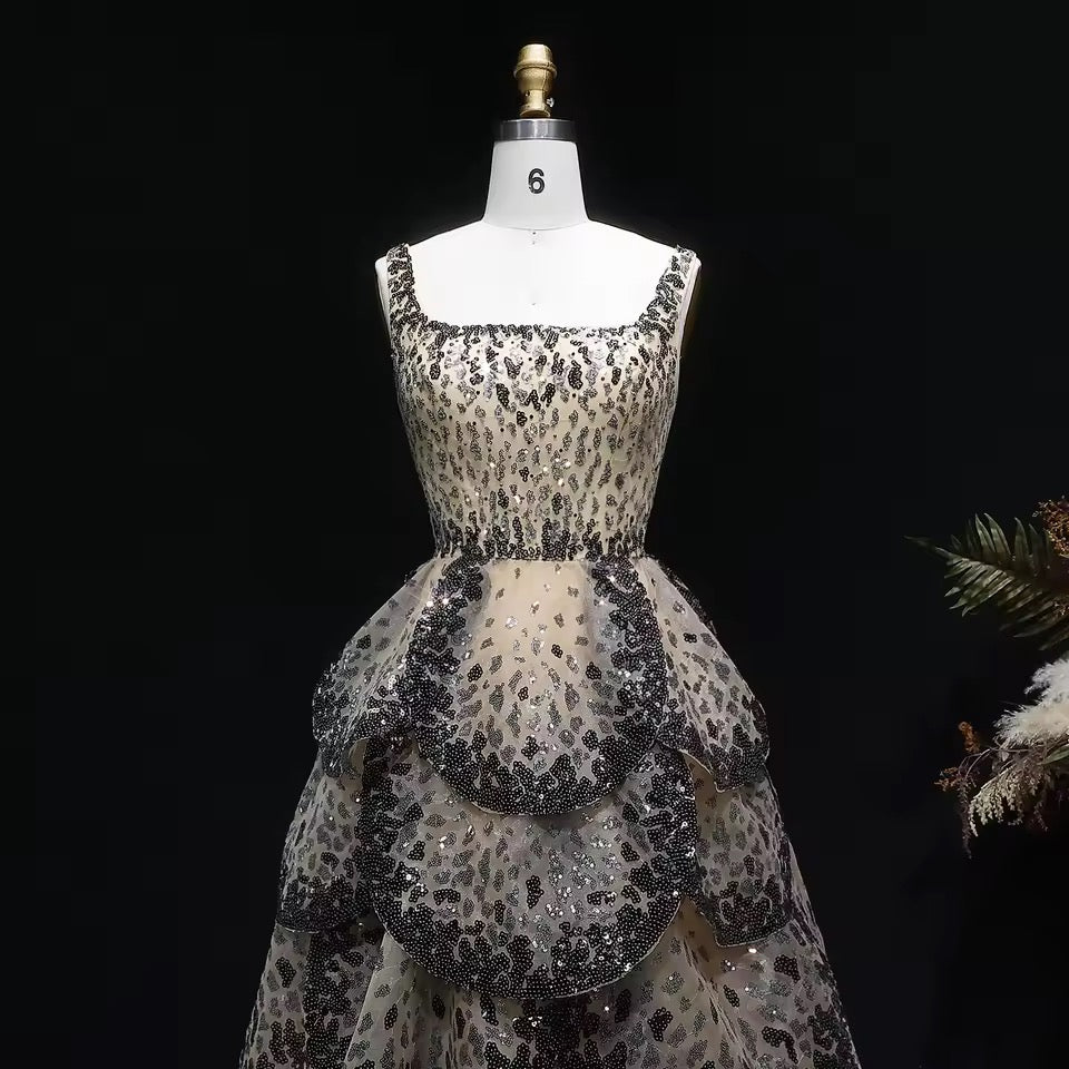Luxury Champagne & Black Sequin Gown with Scalloped Tiers