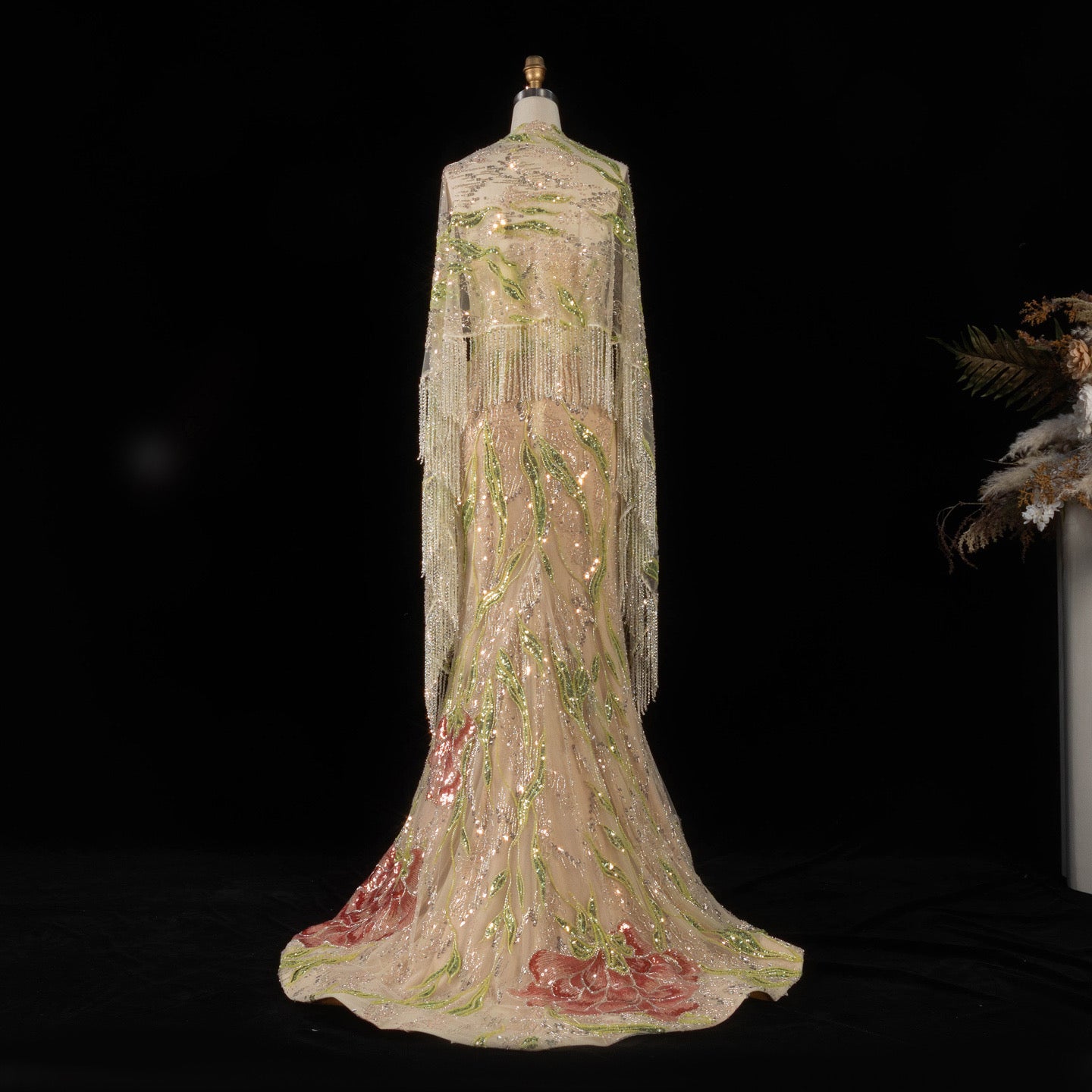 Floral Embroidered Crystal Gown with Fringed Cape Sleeves