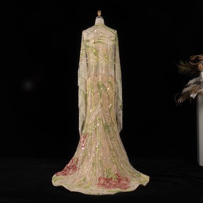 Floral Embroidered Crystal Gown with Fringed Cape Sleeves