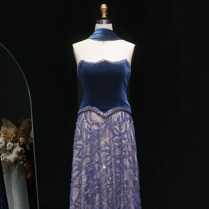 Gown with Velvet Corset & Flowing Scarf Drape