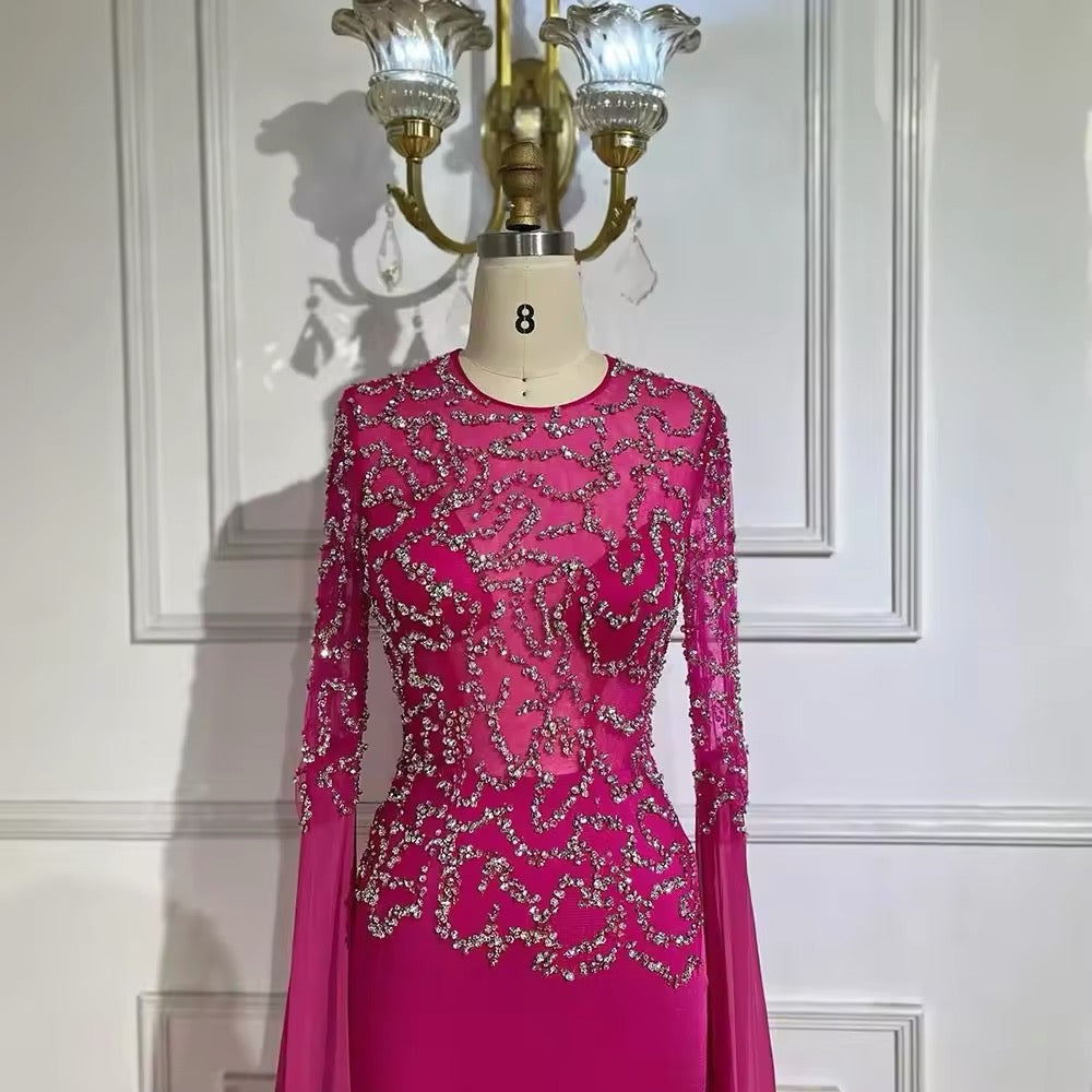 Fuchsia Mermaid Evening Dress, Beaded with Elegant Cape Sleeves