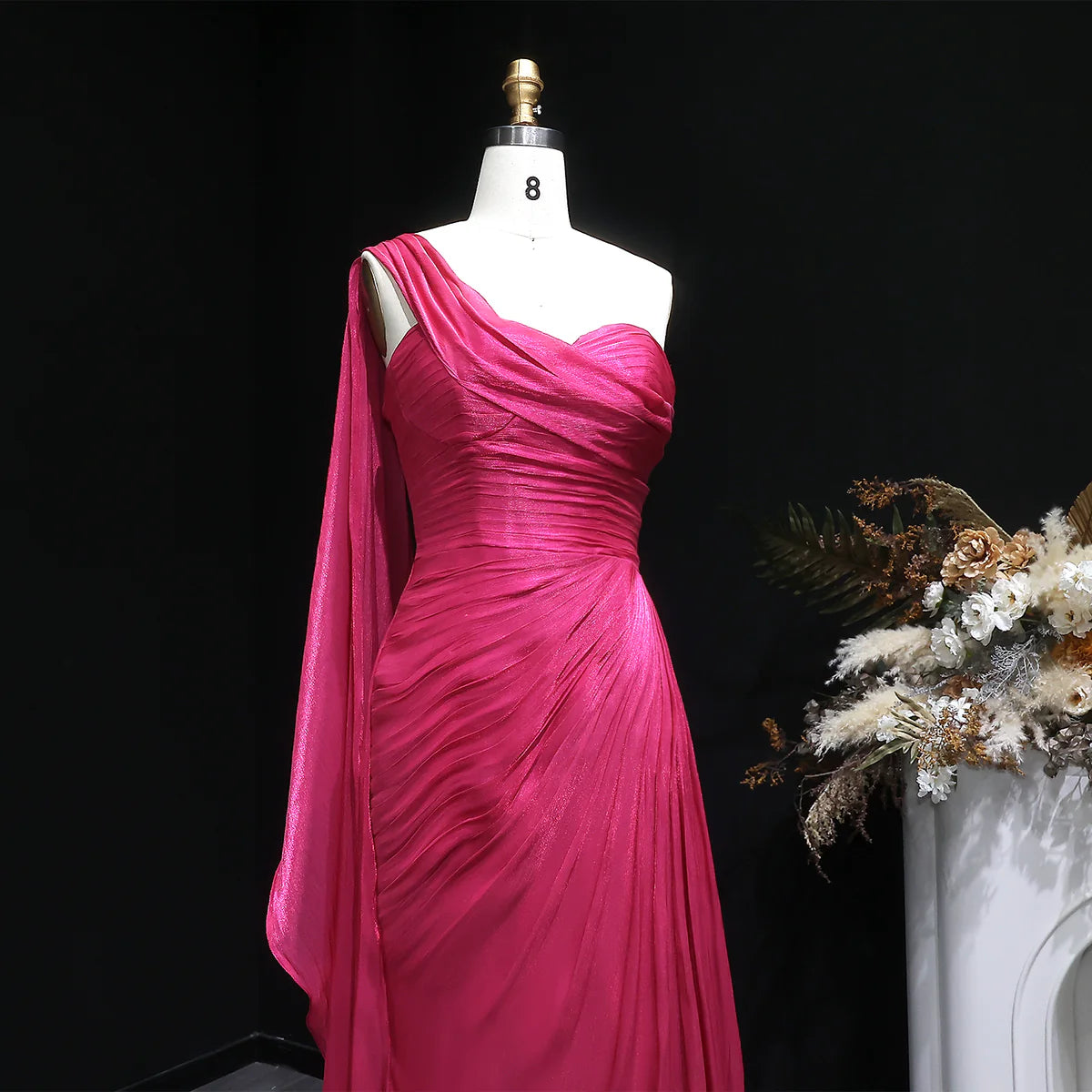Metallic Ruched One-Shoulder Gown