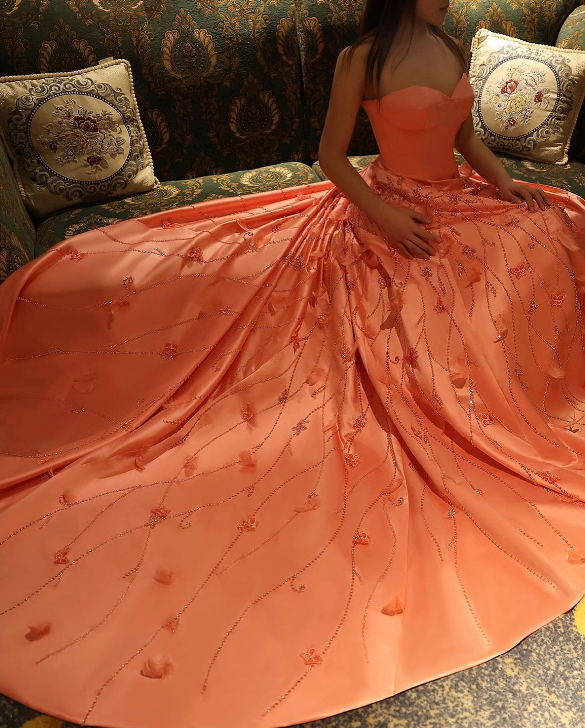 Luxury Feathers Coral Pink 3D Flowers Dress