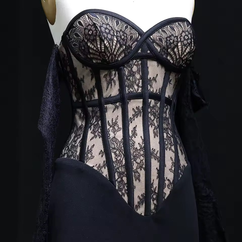 Corset Gown with Sheer Bodice and Draped Lace Gloves
