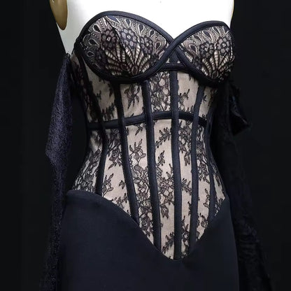 Corset Gown with Sheer Bodice and Draped Lace Gloves