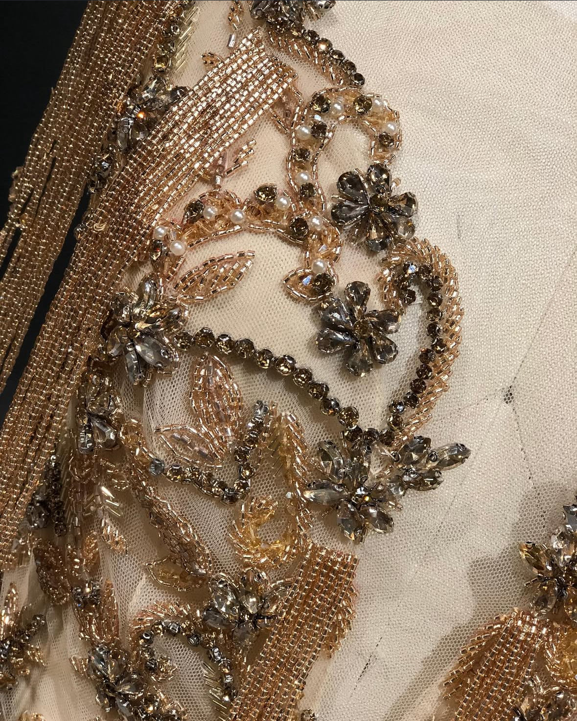 Hand-Embroidered Champagne Gold Fringe Couture Gown