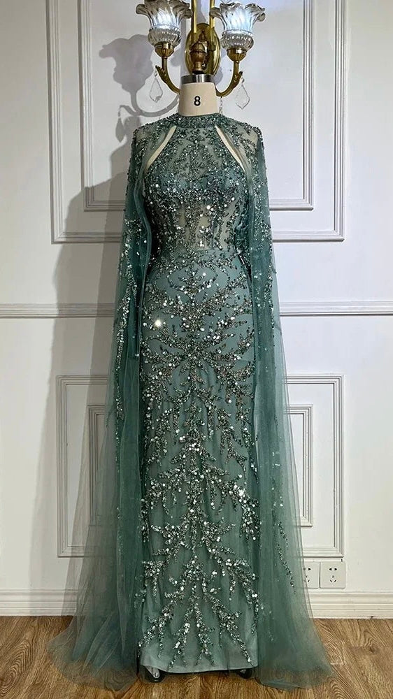 Turquoise Cape Sleeves Mermaid Beaded Luxury Evening Dress