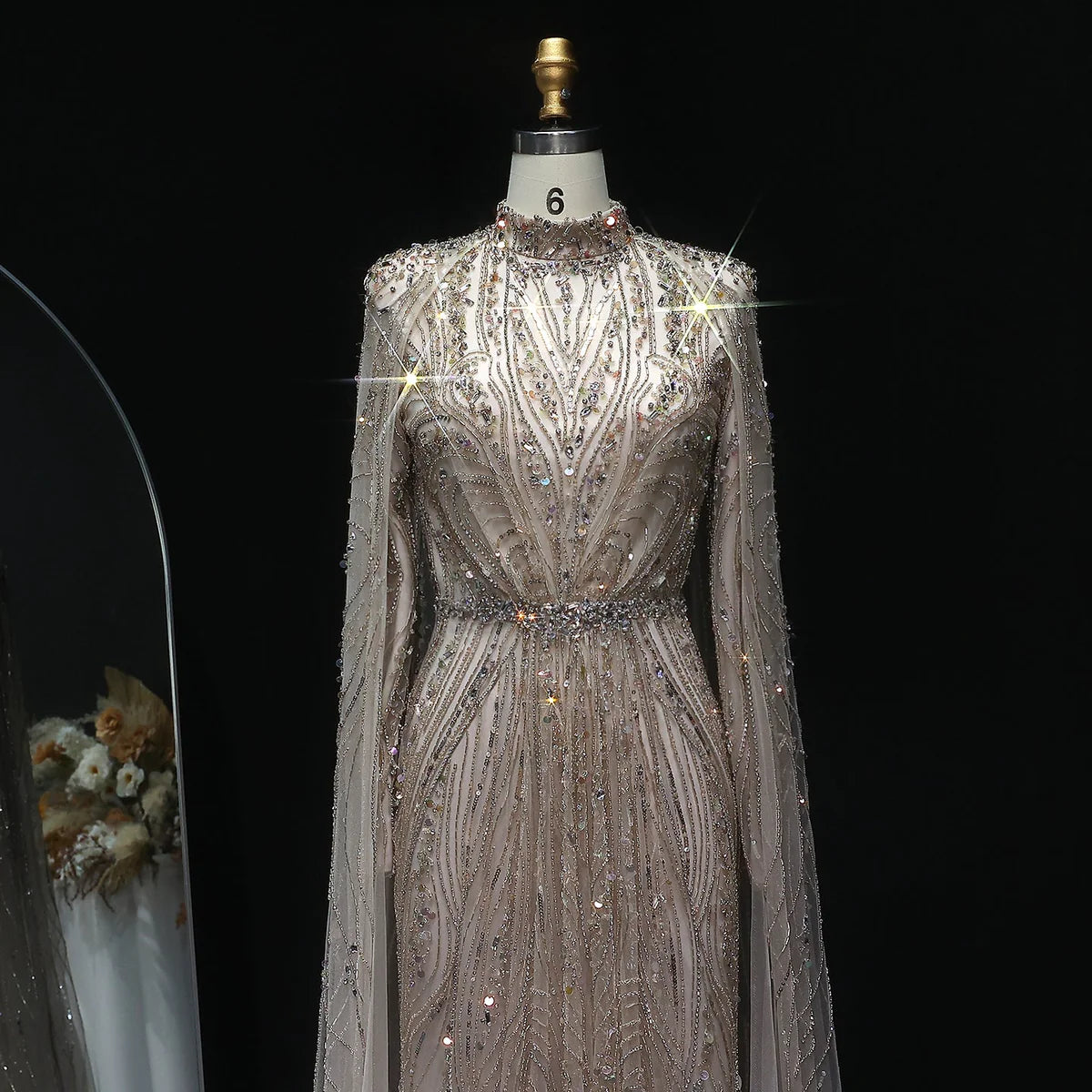 “Regal Dust” Embroidered High Neck Gown with Flowing Cape Sleeves