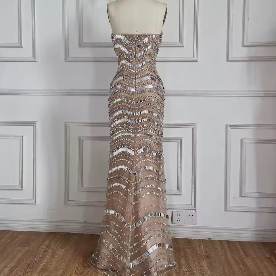 Off-The-Shoulder Evening Gown with Beaded Crystal Cape