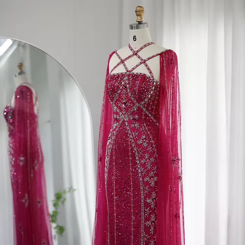 Elegant Beaded Gown with Open Sleeves and Crystal Detailing
