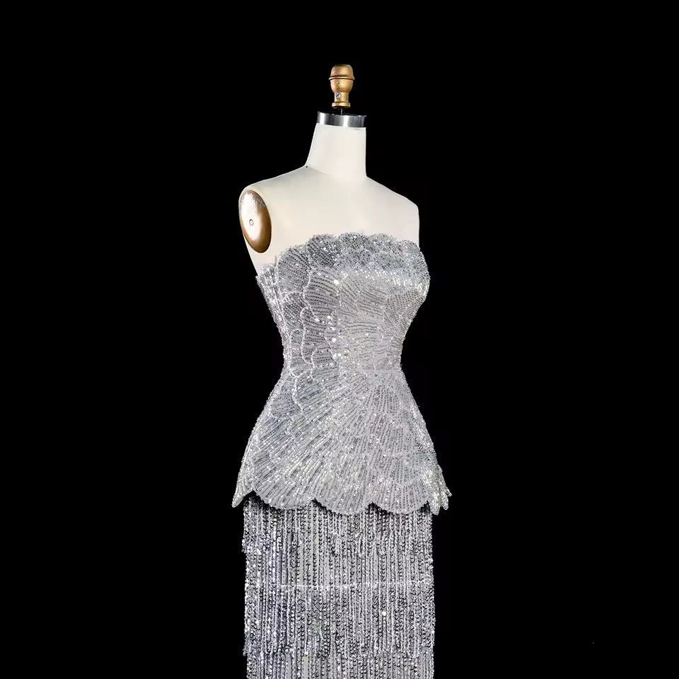 Silver Crystal-Embellished Peplum Fringe Gown