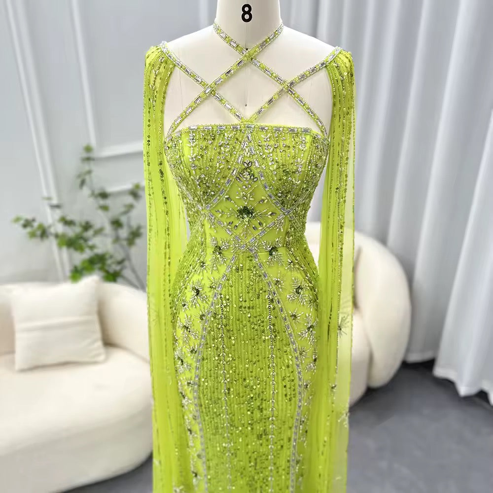 Elegant Beaded Gown with Open Sleeves and Crystal Detailing