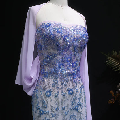 Whispering Bloom Embroidered Gown with Draped Cape and 3D Blue Florals