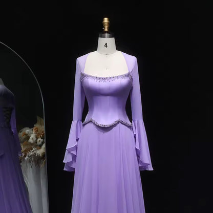 Lavender dress with flowy sleeves and soft crystal embroidery
