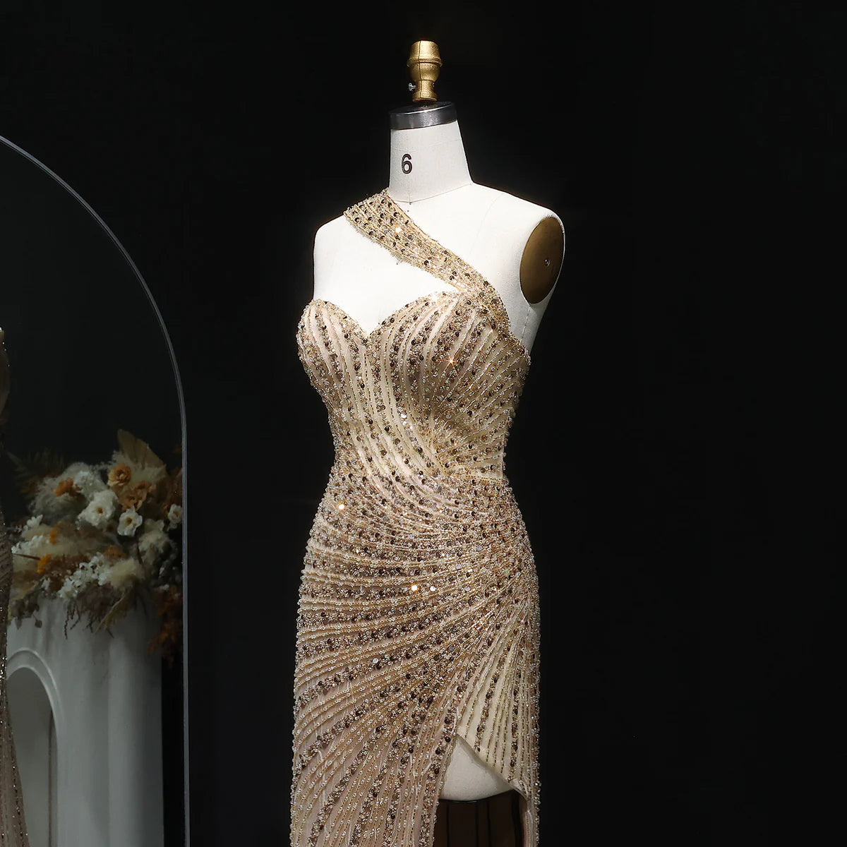 “Golden Flare” Gown Sculpted Sparkle with Luxe Beading