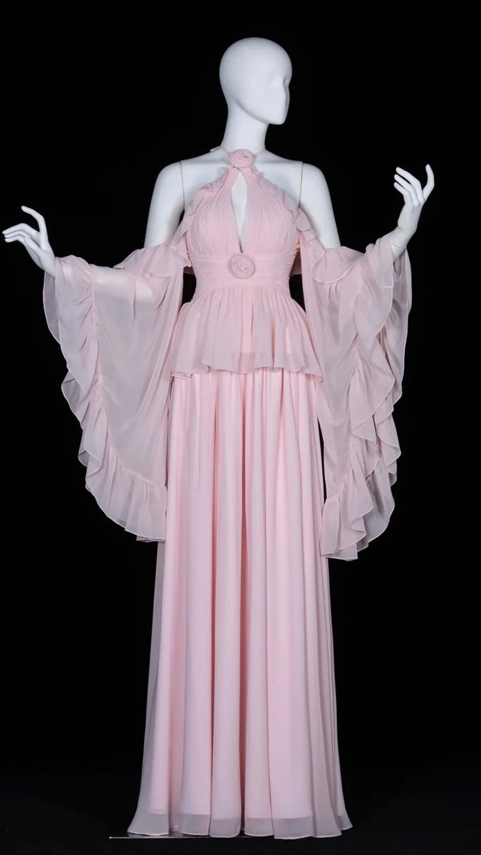 Romantic Pink Chiffon Gown with Rosettes & Angel Sleeves