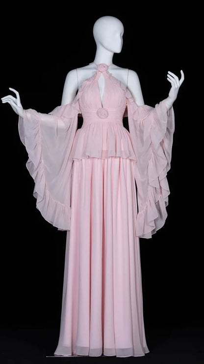 Romantic Pink Chiffon Gown with Rosettes & Angel Sleeves