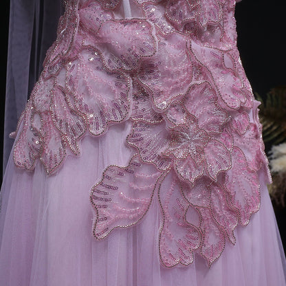 Lavender Tulle Gown with 3D Floral Appliques and Matching Neck Wrap