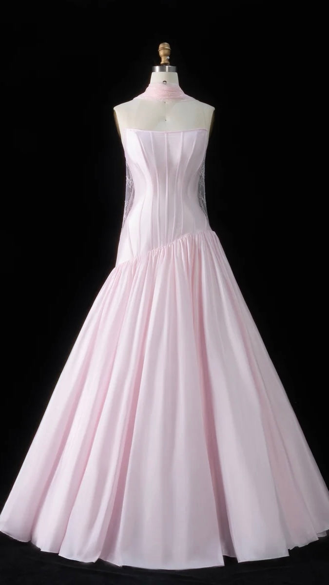 Baby Pink Corset Ball Gown with Asymmetrical Waist & Lace Scarf