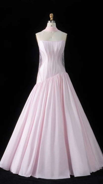 Baby Pink Corset Ball Gown with Asymmetrical Waist & Lace Scarf