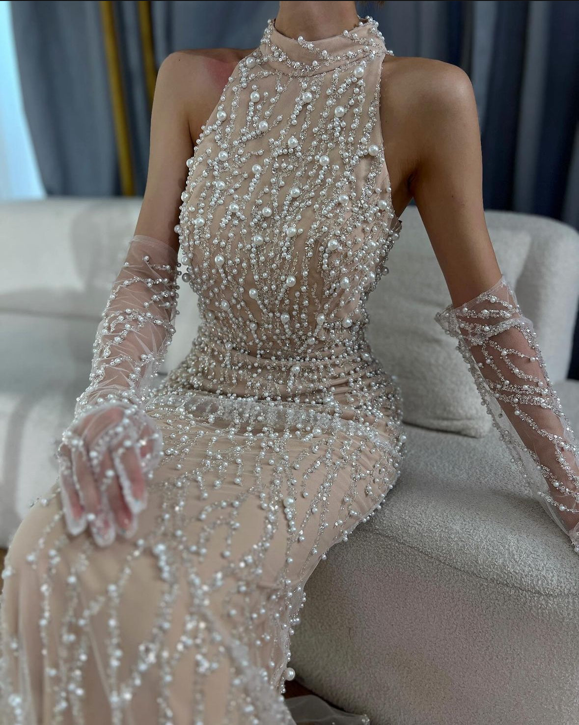 Luxury Pearls Beaded Evening Dress White Nude