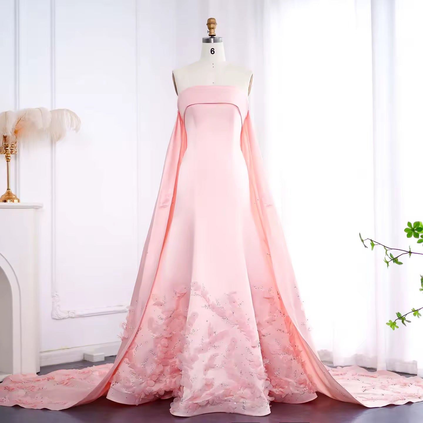 Luxury Crystal 3D flower Sage Green Evening Dress with Cape ns