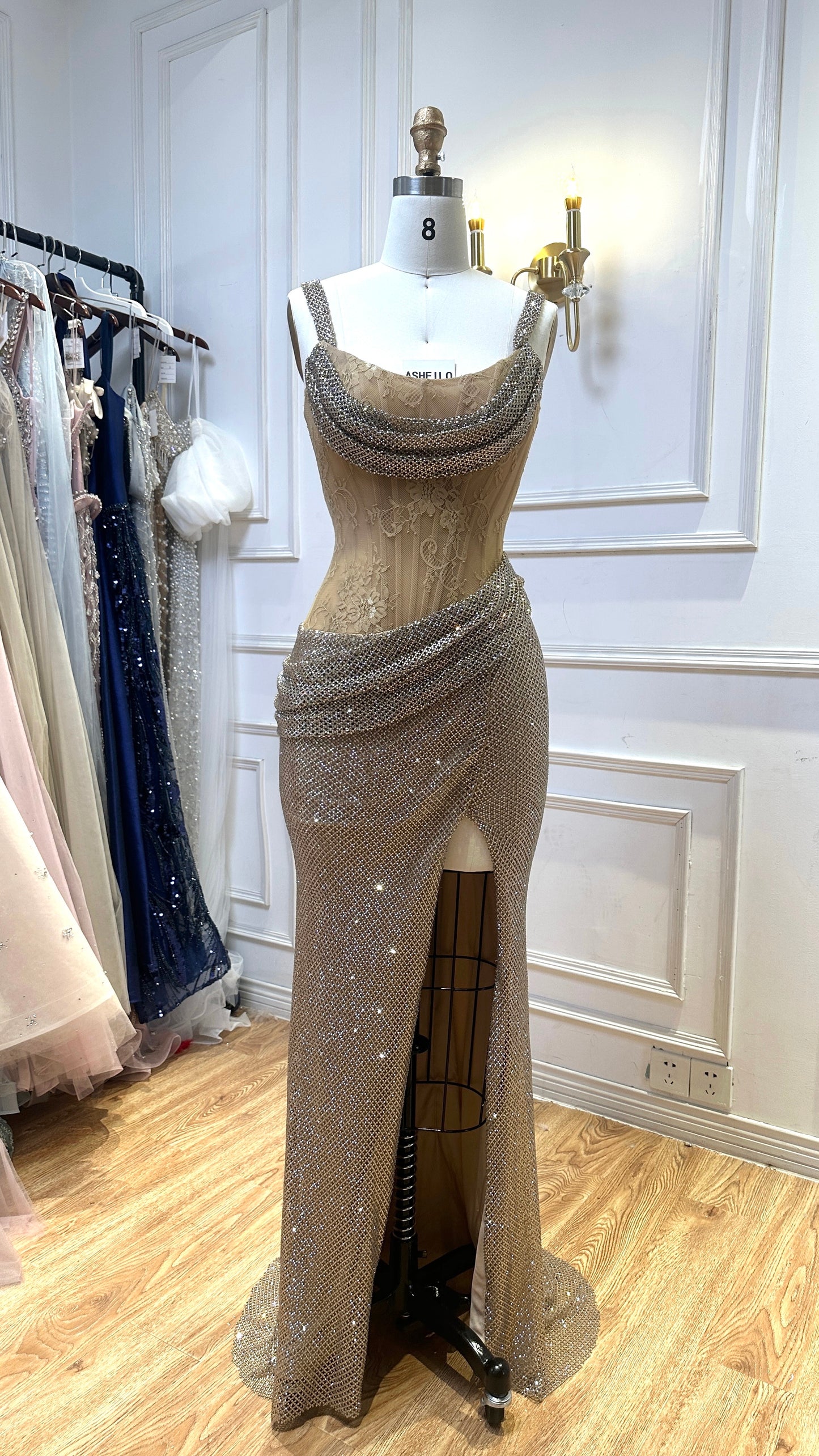 Elegant Beige Evening Dress with Shimmering Crystal Wrap and High Slit