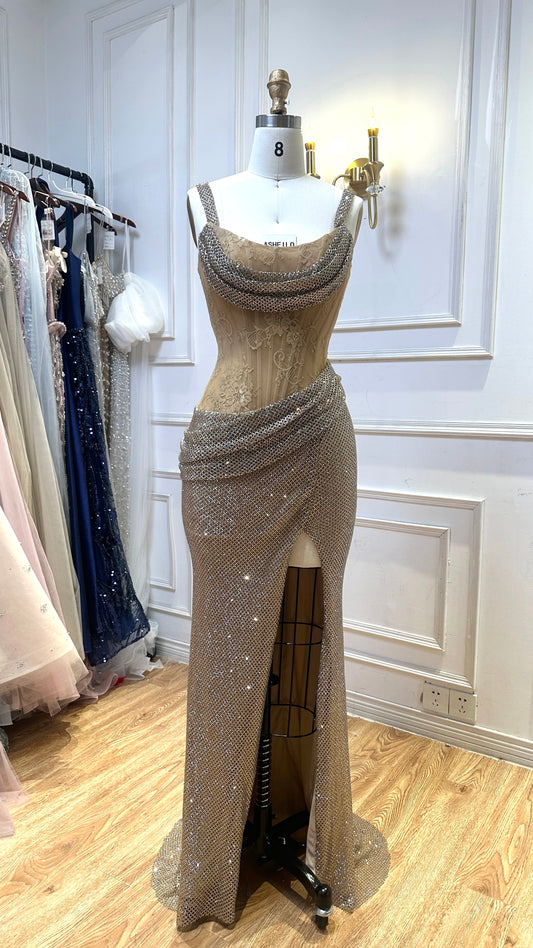 Elegant Beige Evening Dress with Shimmering Crystal Wrap and High Slit
