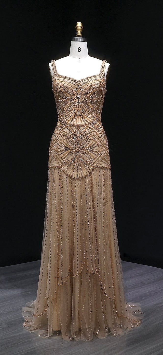 Art Deco Beaded Tulle Evening Dress