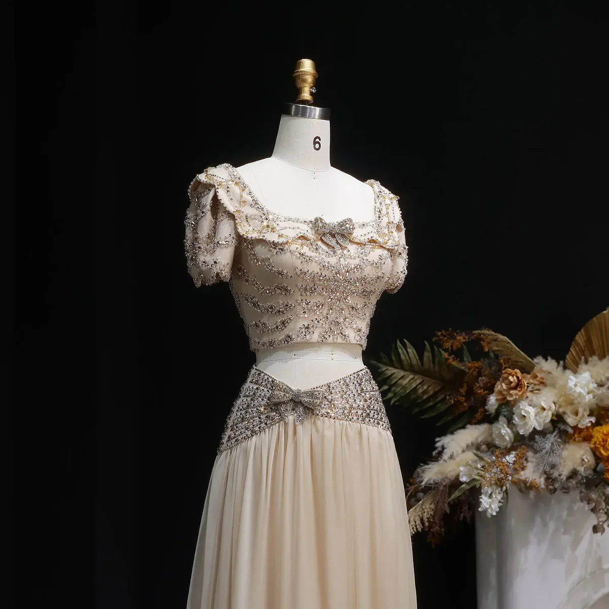 Elegant Fully Beaded Crop Top and Draped Skirt Set with Delicate Bows