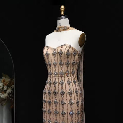 Nude Fitted Gown with Crystal Floral Embellishments and Shawl