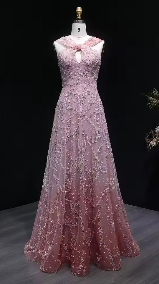 Elegant Dusty Rose Ombré Gown with Crystal Embroidery
