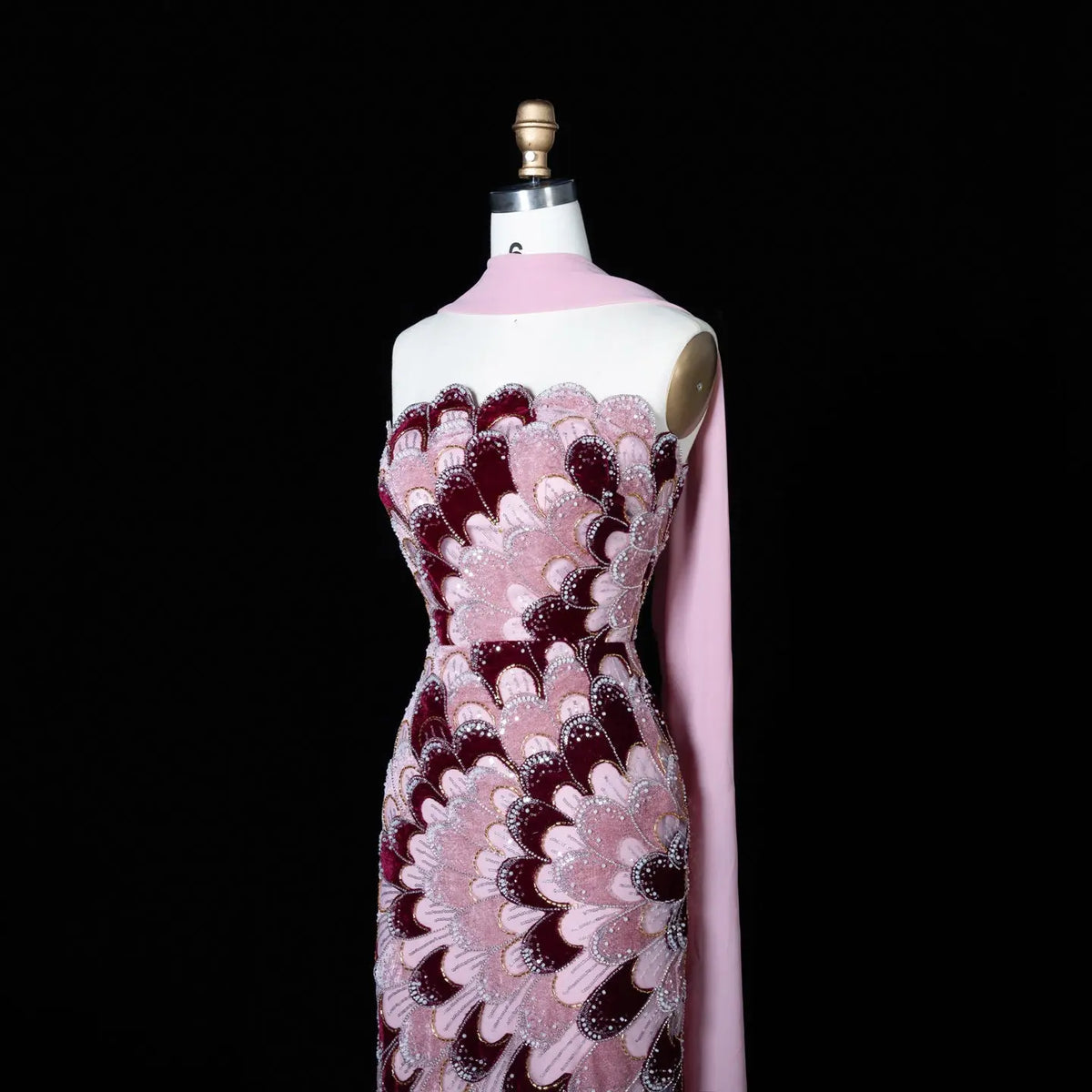 Elegant Strapless Dress with Scalloped Beadwork and Statement Cape
