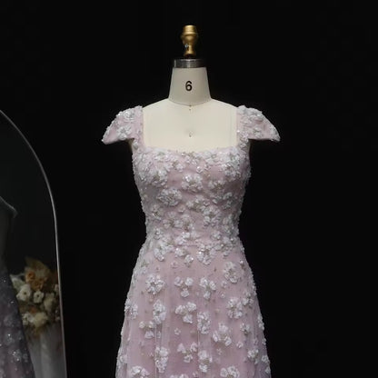 “Rose Dew” Gown – Soft Pink with 3D Floral Embroidery