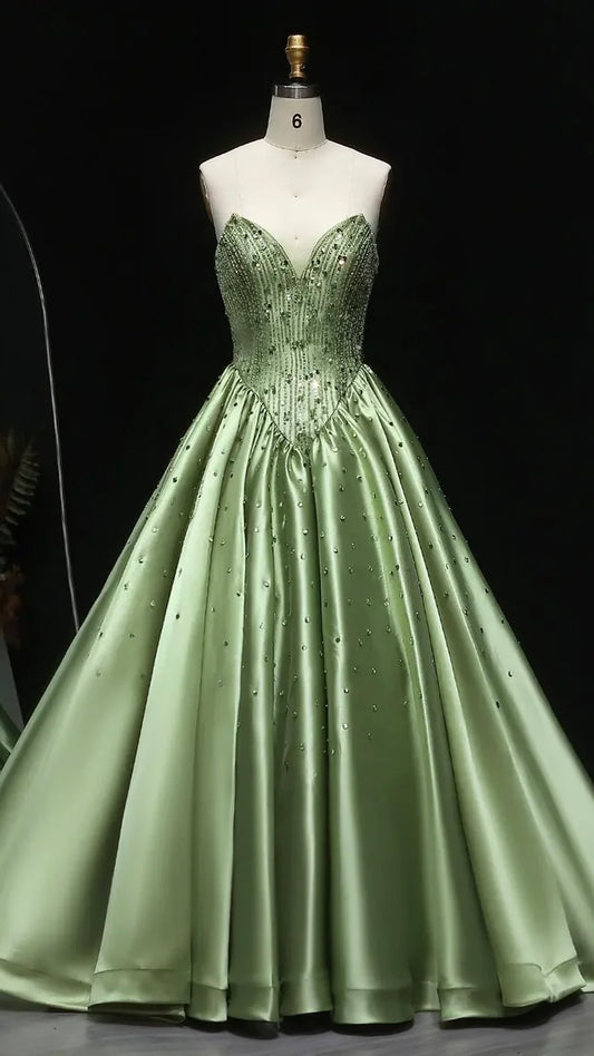 Pistachio "Princess" Gown with Beaded Corset and Dropped V-Waist