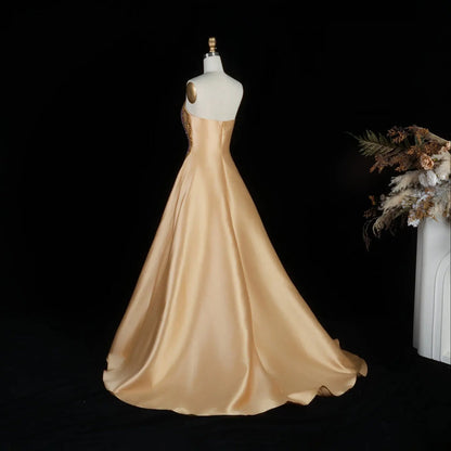 Luxury Strapless Satin Gown with Ornate Waves and Opera Gloves