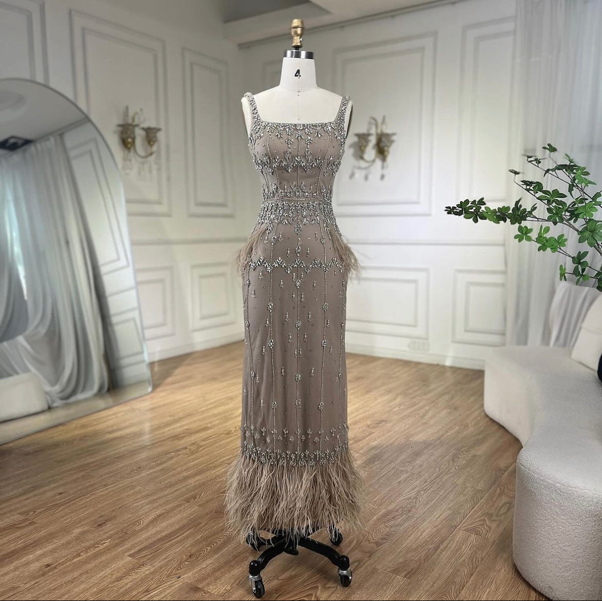 Luxury Beaded Evening Dress 2024 Ankle Length Elegant Feather